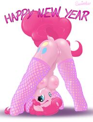 2014 anthro anthrofied anus ass bent_over blue_eyes breasts cutie_mark elbow_gloves english_text equine female fishnet fishnet_stocking friendship_is_magic gloves hair horse looking_at_viewer my_little_pony nude pink_hair pinkie_pie_(mlp) plain_background pony pussy smile solo stockings straight_hair swissleos text