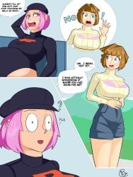 blue_eyes blue_stockings breasts brown_hair large_breasts larger_female mini_giantess pink_hair pokeball pokemon rezolvant shrunken_male team_rocket team_rocket_grunt team_rocket_grunt_(female) vore vore_belly willing_prey