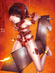 1girls black_hair bondage chinese_new_year female fire firecrackers highres original ribbon s_zenith_lee short_hair solo solo_female torture wooden_horse