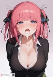 ai_generated black_cardigan black_ribbon blue_eyes blunt_bangs blush breasts butterfly_hair_ornament cardigan cleavage collarbone collared_shirt cum cum_in_mouth cum_on_body cum_on_tongue dmk_meow female go-toubun_no_hanayome green_skirt hair_ornament hair_ribbon large_breasts long_sleeves looking_at_viewer medium_hair nakano_nino open_mouth partially_unbuttoned pink_hair pleated_skirt ribbon shirt short_hair simple_background skirt solo sweat teeth tongue tongue_out two_side_up white_shirt