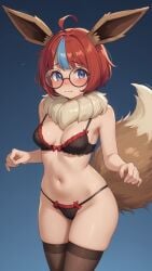 ai_generated blue_eyes cosplay eevee_(cosplay) embarrassed fluffy_tail glasses lingerie medium_breasts multicolored_hair penny_(pokemon) pokemon stockings thighhighs