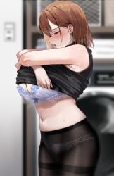 1girls absurd_res big_breasts black_pantyhose black_sweater blurry blurry_background blush bra breasts brown_hair closed_eyes clothes_lift female female_only hi_res huge_breasts large_breasts lifting_own_clothes mole navel office_lady ol-chan_(udon) open_mouth original pantyhose shirt_lift short_hair solo source_request standing steaming_body steamy_breasts sweat sweater sweater_lift udon_(udonalium) underwear undressing white_bra