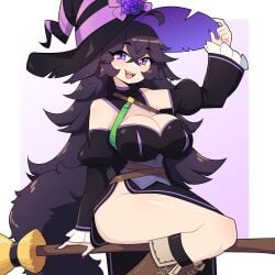 1girls big_breasts black_hair broom_riding commission female female_only furry_tail halloween hi_res j5daigada long_hair looking_at_viewer purple_eyes smiling smiling_at_viewer solo tail witch witch_hat