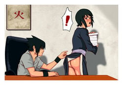 ! 1girls ass blush blushing clothes_lift female naruto no_panties open_mouth r3ydart sasuke_uchiha secretary shizune skirt_lift thighs