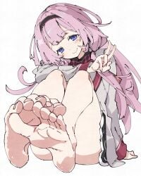 1girls barefoot female foot_fetish looking_at_viewer nijisanji pink_hair pov pov_eye_contact pov_feet soles solo solo_female suo_sango toenail_polish toes ushiki_yoshitaka v_sign