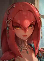 ai_generated blush breasts closed_mouth clothing colored_skin female fins fish_girl gem hair_ornament indoors jewelry kumdevince lips long_hair looking_at_viewer mipha monster_girl multicolored_skin neck_ring necklace no_eyebrows pointed_ears red_hair red_skin slit_pupils smile solo the_legend_of_zelda the_legend_of_zelda:_breath_of_the_wild upper_body yellow_eyes zora