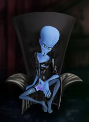 2022 alien alien_humanoid bald barefoot blue_body blue_skin clothed clothing dreamworks dreamworks_animation feet genitals hi_res humanoid looking_at_viewer male male_only megamind megamind_(character) misterspectacular penis smile solo