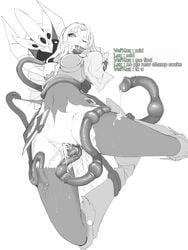 2014 anal armor bodysuit breast_slip breastplate broken_armor cum cum_in_ass cum_in_mouth cum_in_pussy cum_inside english greaves highres kumiko_(aleron) league_of_legends long_hair luxanna_crownguard monochrome monster monster_rape nipple_tease nipples one_breast_out penetration pussy rape riot_games tentacle tentacle_rape torn_bodysuit torn_clothes triple_penetration vel'koz