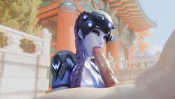 1boy 3d blizzard_entertainment fellatio fraxxlr french_female just_the_tip large_penis light-skinned_male outside overwatch overwatch_2 purple_skin small_breasts widowmaker