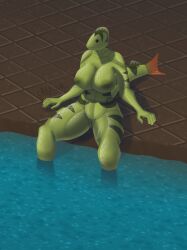 affront anthro big_breasts black_eyes breasts european_perch factorio female fin fish foot_in_water genitals green_body hi_res marine nipples pussy signature solo striped_body stripes thick_thighs tile water wube_software