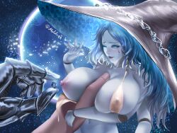 1girls 4_arms absurd_res big_breasts bikini blue_eyes blue_hair blue_skin blush cracked_skin dark_moon_ring doll_joints elden_ring faceless_character female female_focus fromsoftware hi_res huge_breasts mddueck micro_bikini miniature_ranni minigirl multi_arm multi_limb one_breast_out one_eye_closed ranni_the_witch size_difference smaller_female tarnished very_high_resolution white_bikini witch_hat