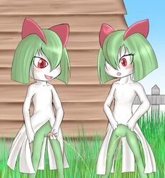 anthro blush building color day duo female fence fid grass green_body green_hair hair holding_penis kirlia male nintendo open_mouth outdoors peeing penis pink_penis pokémon_(species) pokemon pokemon_(species) pussy red_eyes sky standing urine video_games white_body wood