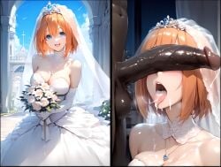 1boy 1girls after_fellatio ai_generated bride cheating cheating_wife dark-skinned_male dark_skin go-toubun_no_hanayome kiss-shot large_penis large_testicles nakano_yotsuba netorare ntr penis_over_eyes veiny_penis wedding_dress