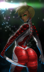 1girls ass blonde_hair bodysuit dat_ass dclzexon green_eyes hourglass_figure looking_back ninja short_hair sword warframe weapon