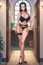 1girls ai_generated asymmetrical_legwear belly_button black_hair blue_eyes cleavage crossed_legs curvaceous curvy doorway female female_only garter_belt high_heels indoors lace_trim large_breasts lingerie long_hair navel nico_robin one_piece panties post-timeskip senotakai_ai slim_waist standing_in_doorway strappy_heels underwear wide_hips