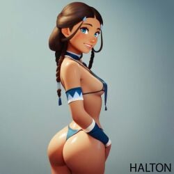 ai_generated ass avatar avatar_the_last_airbender female_focus katara micro_bikini nickelodeon sfw simple_background small_breasts smile swimwear