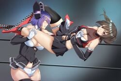 2girls \r\ntenryuu_(kantai_collection) bearhug black_skirt breasts brown_eyes brown_hair catfight cleavage elbow_gloves fingerless_gloves gloves kantai_collection large_breasts moroheiya_(moroheiya-works) multiple_girls purple_hair sendai_(kantai_collection) skirt wrestling yellow_eyes