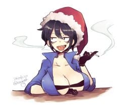 1girls big_breasts breasts cigarette female gloves hair_between_eyes jumpsuit kataochi_chuuko santa_hat smoking sssmzk