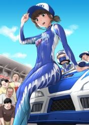 6+boys arm_up baseball_cap blue_hat blue_sky blush bodypaint breasts car commission completely_nude day exhibitionism faceless faceless_male female fubuki_(kancolle) green_eyes hand_on_headwear hat kantai_collection kasu_(kasunohikari) looking_down melting motor_vehicle multiple_boys naked_paint navel nipples nude open_mouth outdoors public_indecency race_queen race_vehicle racecar short_hair short_ponytail sitting skeb_commission sky small_breasts solo_focus