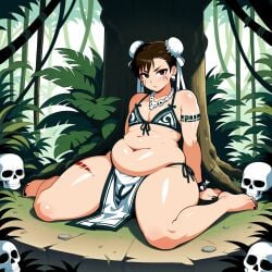 1boy ai_generated black_nails bone_necklace bra chun-li earrings fat_belly femboy girly huge_butt huge_hips jungle leg_scar loincloth male necklace plump scar scorpyfemboy sexy.ai skull solo street_fighter thick_thighs tribal tribal_clothing tribal_jewelry tribal_tattoo wide_hips wristband