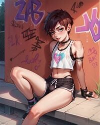 ai_generated armband blue_eyes bulge_through_clothing choker crop_top cute ear_piercing femboy feminine_male fingerless_gloves g-string gloves graffiti looking_at_viewer makeup male_only midriff short_hair shorts sitting sportswear stable_diffusion thighs tight_clothing