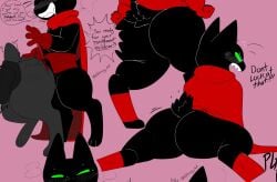 ambiguous_gender anthro ass biped black_body black_eyes black_fur black_tail bottomless cartoon_network clothed clothing dialogue domestic_cat duo entropy_(artist) erection exclamation_point felid feline felis fur genitals green_sclera grey_body grey_fur hi_res looking_back male mammal mao_mao:_heroes_of_pure_heart penis pink_background question_mark rear_view sheriff_mao_mao_mao simple_background smile smirk speech_bubble tail teeth text