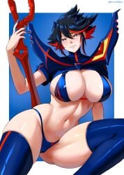 1girls alternate_breast_size big_breasts black_hair blue_eyes blue_fingernails bra female female_only huge_breasts kill_la_kill matoi_ryuuko pinup scissor_blade senketsu solo stockings ultrabinou