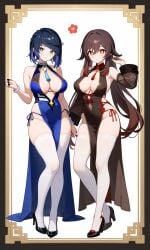 ai_generated blue_hair breasts brown_hair dress earrings genshin_impact green_eyes high_heels hoyoverse hu_tao_(genshin_impact) jewelry long_hair looking_at_viewer outcyli731 red_eyes short_hair sideboob size_difference slutty_dress slutty_outfit stable_diffusion standing stockings thick_thighs twintails underwear yelan_(genshin_impact)