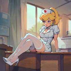 1girls ai_generated blonde_hair blue_eyes clothing female high_heels legwear mario_(series) nintendo nurse princess_peach sitting_on_desk super_mario_bros. thighhighs