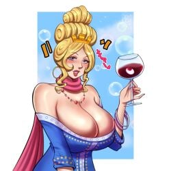 blonde_hair blue_dress blue_eyes bubbles crown female female_only hair_up joylewds lipstick loophole_earrings mororon mororon_(one_piece) necklace one_piece queen queen_mororon queen_mororon_(one_piece) sash_around_neck wine_glass