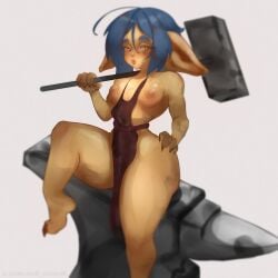 1girls 2024 apron apron_only areolae big_ears blacksmith blue_eyebrows blue_hair breasts exocet female female_only goblin goblin_female gobtober gobtober_2024 green_skin hammer hand_on_hip nipples pointy_ears sitting solo thick_eyebrows thick_thighs