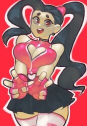 big_breasts black_hair boob_squish boob_window breast_squeeze breasts cheerleader cheerleader_uniform cleavage hands heart heart_cutout long_hair original peace_sign ponytail rayschera skirt thick_thighs thighhighs thighs voluptuous voluptuous_female