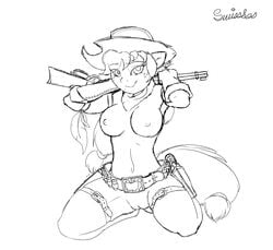 2014 anthro anthrofied applejack_(mlp) belt black_and_white breasts bullet bullets casual cowboy_hat equine female firearm friendship_is_magic gloves gun gunbelt handgun hat headwear holster horse kneeling legwear monochrome mostly_nude my_little_pony nipples nude pony pussy ranged_weapon revolver rifle sketch straight_hair swissleos tactical_nudity weapon winchester_rifle