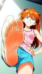 1girls ai_generated asuka_langley_sohryu barefoot blue_eyes casual confident dominant_female feet feisty foot_fetish foot_focus hand_on_hip happy looking_at_viewer looking_down neon_genesis_evangelion open_smile orange_hair pink_tank_top pov_feet short_shorts shorts smile smiling_at_viewer smug soles standing_on_one_leg stepping_on_viewer stomp stomping tank_top teenage_girl teenager teeth toes tsundere