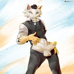 anthro balls black_hair clothed clothing clothing_lift digital_media_(artwork) domestic_cat epic_games felid feline felis fortnite fur genitals godforgiveme4 gold_(metal) hair hi_res male male_only mammal meowdas meowscles_(fortnite) necktie nude nude_anthro nude_male penis presenting presenting_penis shirt shirt_lift solo solo_male topwear