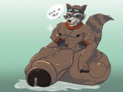 anthro balls big_balls big_penis bodily_fluids brown_body brown_fur cock_vore dialogue eyewear fur genital_fluids genitals glitchedweasel goggles guardians_of_the_galaxy hi_res huge_balls huge_cock hyper hyper_balls hyper_genitalia hyper_penis male male_pred mammal marvel penile penis precum procyonid raccoon rocket_raccoon text vein veiny_penis vore
