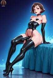 1boy ai_generated black_latex black_lingerie bulge crossdressing femboy girly latex latex_clothing nipple_pasties small_penis solo tagme wide_hips yo0001