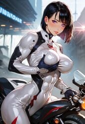 abs ai_generated athletic_female bodysuit breast_squeeze fit_female groping_breasts looking_at_viewer masomelon motorcycle motorcycle_suit muscles nipple_bulge tight_clothing