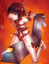 1girls black_hair bondage chinese_new_year female female_only fire firecrackers highres original ribbon s_zenith_lee short_hair solo solo_female torture wooden_horse