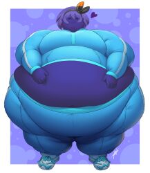 basic_background bea_(pokemon) big_belly big_breasts blue_hair blue_skin blueberry_inflation chubby closed_eyes hands_on_belly inflation jeetdoh midriff overweight pokemon pokemon_swsh tagme third-party_edit track_suit weight_gain