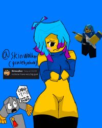 1boy 1boy1girl 1female 1male advisor_(doomspire_defense) blue_background blue_hair blue_turtleneck blush doomspire_defense pussy rockstar_(doomspire_defense) showing_pussy shy yellow_skin