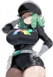 ai_generated ameanon belt big_breasts breasts gloves green_hair hat large_breasts pokemon rainbow_rocket_grunt short_shorts shorts team_rocket thick_thighs tight_clothes tight_clothing tight_fit