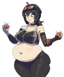 1female 1girls bbw belly belly_button black_hair black_hair_female breasts chubby chubby_female exposed_fat_belly fat fat_female fat_girl fat_woman female female_focus female_only goggles goggles_on_forehead grace_howard hoyoverse light-skinned_female light_skin looking_at_belly mihoyo mihoyo_technology_(shanghai)_co._ltd. orange_eyes orange_eyes_female solo solo_female solo_focus standing thick_legs thick_thighs white_background zenless_zone_zero