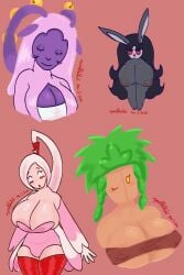 4girls big_breasts black_hair breasts breasts_bigger_than_head breasts_out brown_skin female green_hair grey_fur huge_breasts humanoid humanoid_breasts newt0nc0w nyut0nushi pink_hair plato_(app) purple_fur purple_skin red_eyes white_skin women wood_elf yellow_eyes