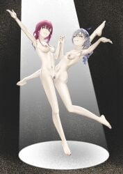 2girls censored dancing dollification empty_eyes holding_hands honkai:_star_rail kafka_(honkai:_star_rail) nude pose silver_wolf_(honkai:_star_rail) standing taxidermy toku3 yuri