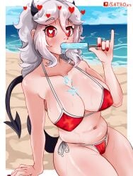 1girls beach big_breasts bikini breasts cleavage demon_tail erect_nipples erect_nipples_under_clothes fingernails heart-shaped_pupils heart_tail helltaker horns ice_cream ice_cream_on_breasts light-skinned_female looking_at_viewer melting melting_popsicle messy_hair modeus_(helltaker) outdoors painted_nails popsicle public red_bikini red_fingernails side-tie_bikini skindentation solo suggestive suggestive_fluid suvorovsatbo sweat sweaty swimwear tail wet wet_body white_hair