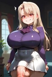 1futa ai_generated alternate_breast_size blush cum cumdrip embarrassed fate_(series) flaccid futanari huge_balls huge_breasts huge_cock illyasviel_von_einzbern large_breasts looking_at_viewer self_upload smile starskyai thick_thighs