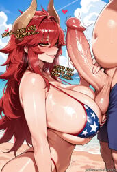 1boy 1girl ai_generated american_flag_bikini beach bikini blush breasts dragon_horns english_text erection flag_print hetero horns huge_breasts kurorgy large_penis long_hair penis red_hair smile sweat swimsuit testicles uncensored veiny_penis vtuber yellow_eyes zentreya zentreya_(dragon)