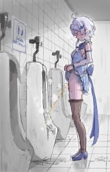 black_pantyhose blue_dress blue_shoes clothes_lift clothes_pull commentary_request dress glove_in_mouth gloves high_heels magical_girl mouth_hold original panties panty_pull pantyhose pantyhose_pull pee peeing shinmei shoes short_hair skirt skirt_lift standing underwear unworn_gloves urinal white_gloves white_hair