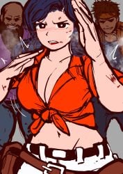 1girls 2boys cadillacs_and_dinosaurs crop_top hannah_dundee heroine heroine_in_trouble highres imminent_rape large_breasts outnumbered sanmandrill surrounded tagme